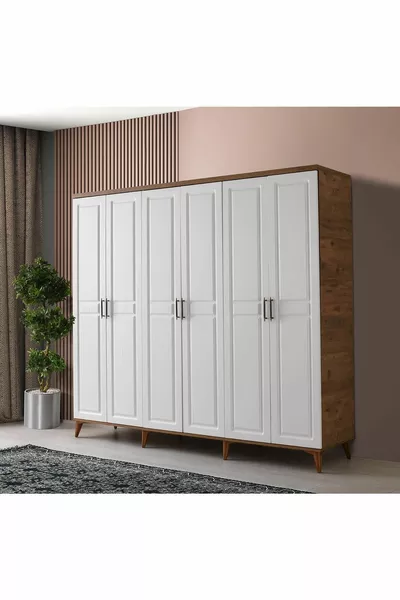 Ücretsiz Montaj Komple Mdf Sport 6 Kapaklı Atlantik Çam-beyaz Gardırop Elbise Dolabı