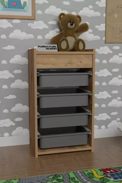 Armoire à jouets à 4 paniers, armoire de cuisine polyvalente, garde-légumes, pin Atlantique - gris