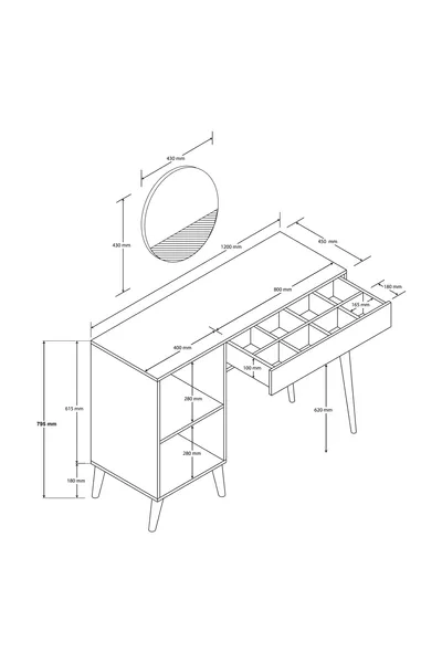 LOVE SPECCHIO (CON GAMBE IN LEGNO) TOILETTE CON CASSETTI E SPORTELLO - CM CON STRUTTURA IN MDF BIANCA