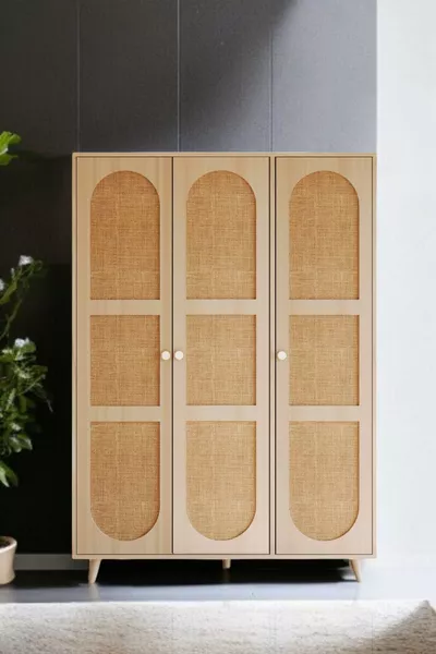 Garde-robe Bali Bohem à 3 portes – Armoire à vêtements avec portes en MDF et tissu jute | Couleur chêne –
