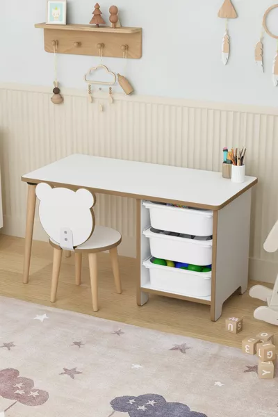 Kinder Speel Activiteitentafel  Cm 3 Mandjes Kinder Bureau met Rugleuning Stoel - Panda
