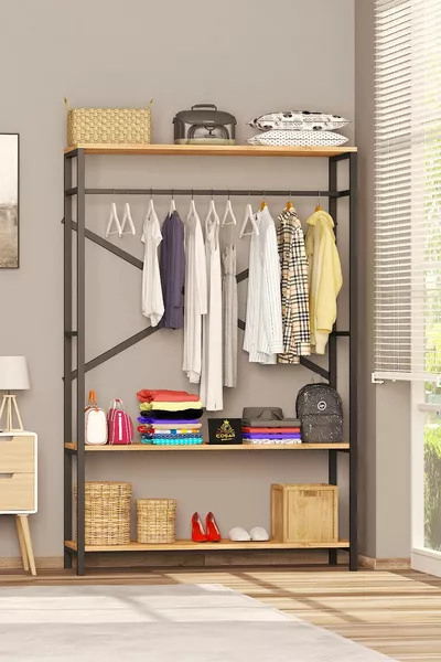 Alkor  Armoire Vestiaire Ouverte en Panneau de Particules Métal avec Motif Bois Massif Porte-Manteaux
