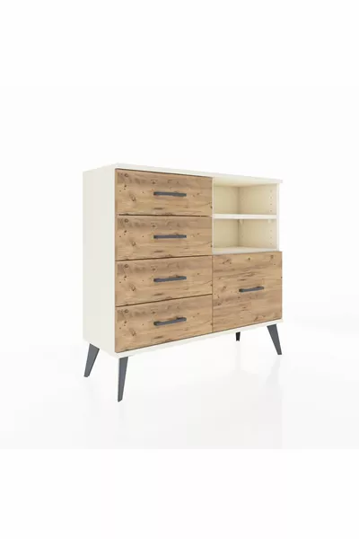 Arges Dresser with 2 Shelves and 5 Drawers, Moonstone-Moonstone/Pine