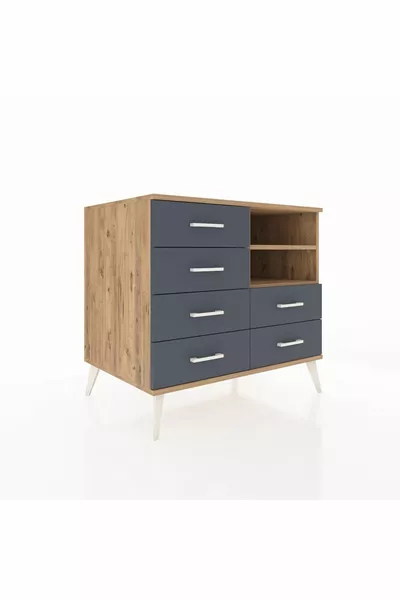 Commode Kronos 2 étagères 6 tiroirs Pin-Pin/Anthracite