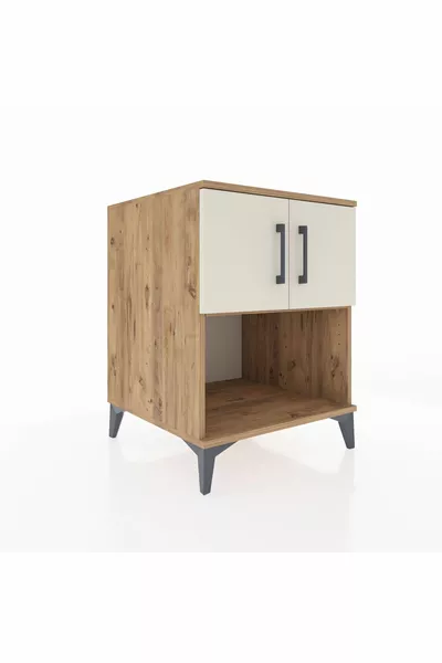 Table de chevet Kronos avec 2 étagères et 2 portes, pin-pierre d'orme