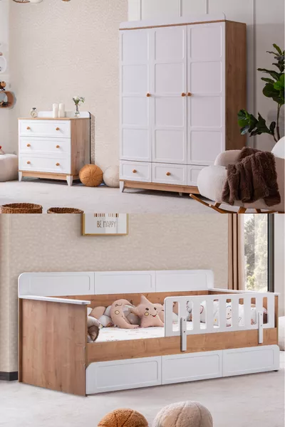 Mira Children's Room Set, Mira Bunk Bed, Berlin 3-Door Wardrobe, Dresser - Walnut
