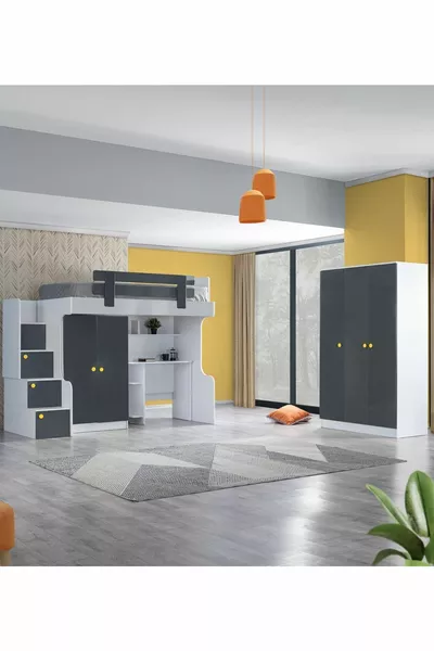 Letto a castello, armadio Metris, scrivania, armadio a 3 ante, 1 materasso Comfort