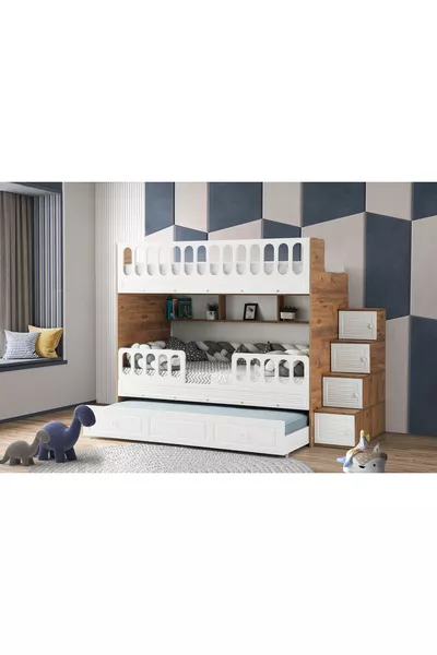 Rolluik Stapelbed / Dennen-wit / Gratis Installatie / 3 Slaapgedeeltes / Kastladder / 100% MDF