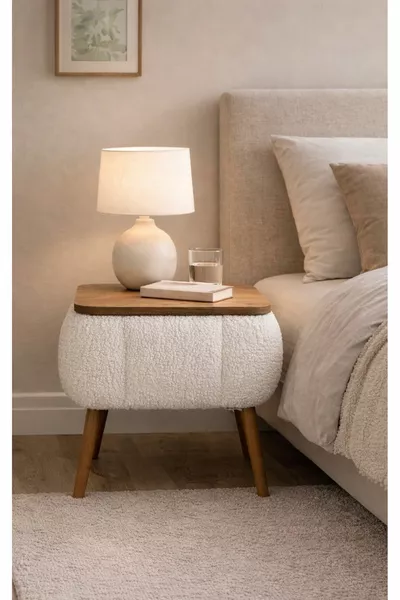 Lina Sandıklı Nightstand, Modern Nightstand with Teddy Fabric Upholstery and Wooden Legs