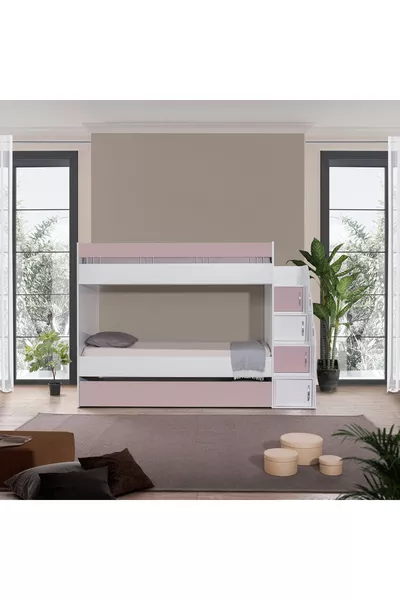 BUNK BED, WHITE-PINK BUNK BED WITH A BEDDING SET