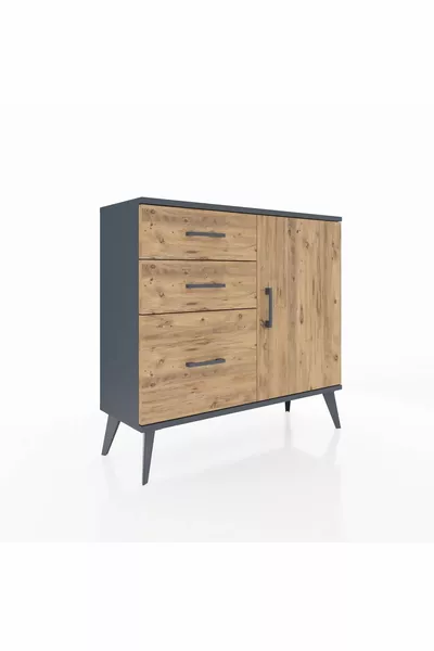 Comò Arges con un ripiano, 3 cassetti e una porta, Antracite-Pino