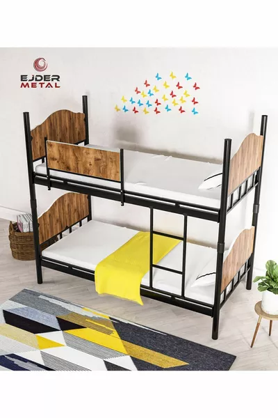 Letto a castello in metallo con legno, colore nero-noce (SENZA MATERASSO)