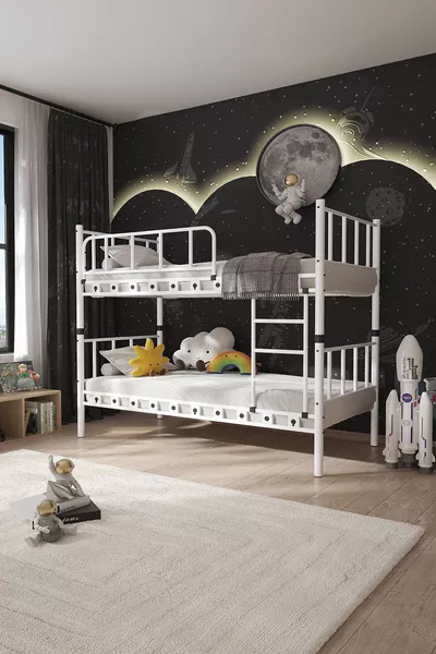 Letto a Castello e Letto Singolo in Metallo per Bambini Zambak Bianco