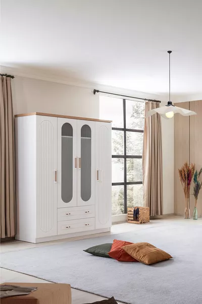 Lit superposé Ranza, lit superposé Vita Bohem avec tiroirs blanc, armoire à 4 portes, 3 matelas Comfort