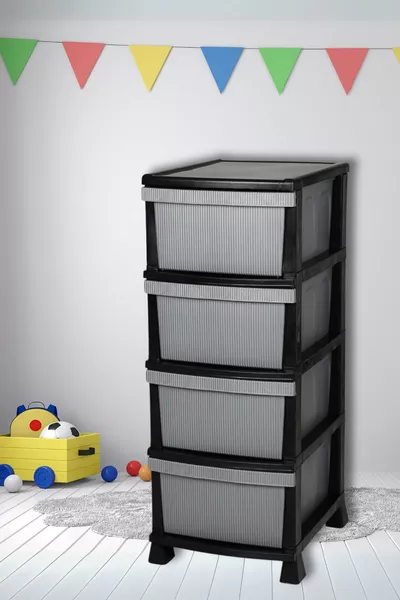 4-stöckiger gestreifter Kunststoff-Kommode mit Schubladen - Gemüsefach - Schublade - Spielzeugkiste Korb