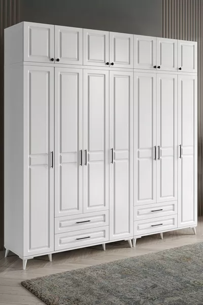 Armoire blanche complète en MDF avec 7 portes et penderie Gözde, montage gratuit