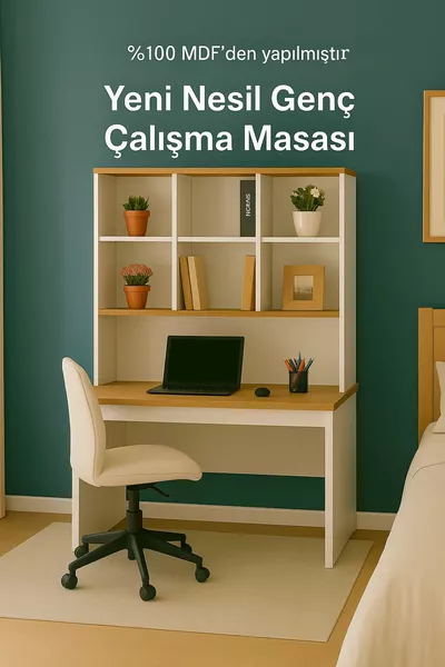 Arion New Generation Youth Room Desk | 100% MDF | Ergonomic | With Bookshelf and Cabinet Model
