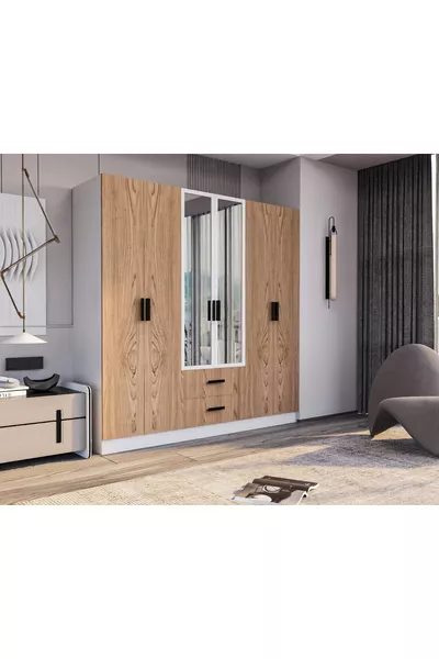 Valeria Armoire 6 Portes 2 Tiroirs Grande Armoire & Armoire à Miroir Pin Atlantique & Blanc