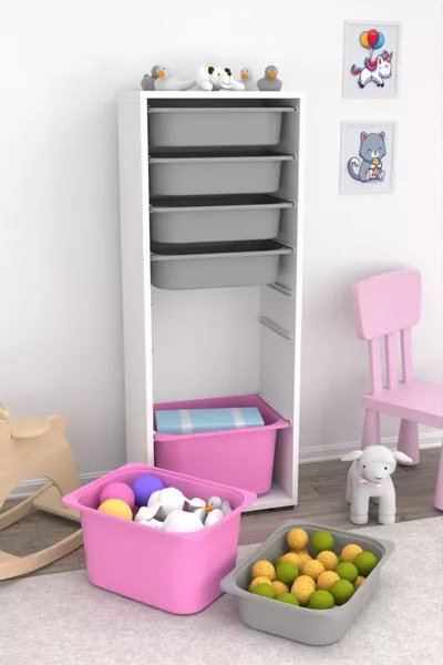 Zola 7 Körbchen Schrank Spielzeugschrank Multifunktionaler Küchen-, Bad- und Vorratsschrank Rosa Grau