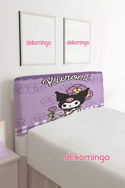 COPRIMATERASSO CON TESTIERA IN TESSUTO FLOREALE IN CINIGLIA MORADO CON DISEGNO KUROMI (SINGOLO)