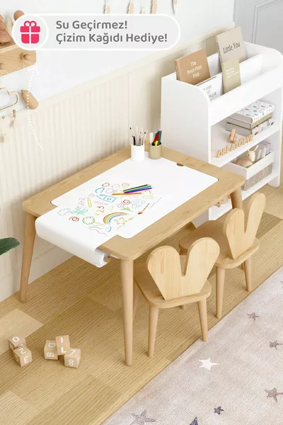 Wooden Play Activity Table Waterproof with 2 Wooden Chairs