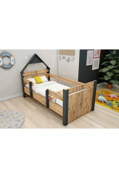 Valerin Kinder Montessori Bed Atlantisch Dennenhout Antraciet (KAN RECHTS OF LINKS GEMONTEERD WORDEN) - valerin