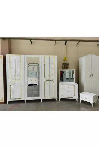 طقم غرفة نوم بتفاصيل MDF ذهبي