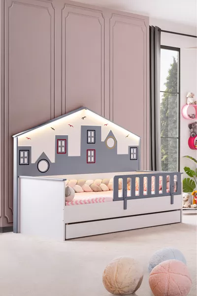 Montessori Bed with Storage, City Montessori Bed with Headboard and Guardrail - Gray